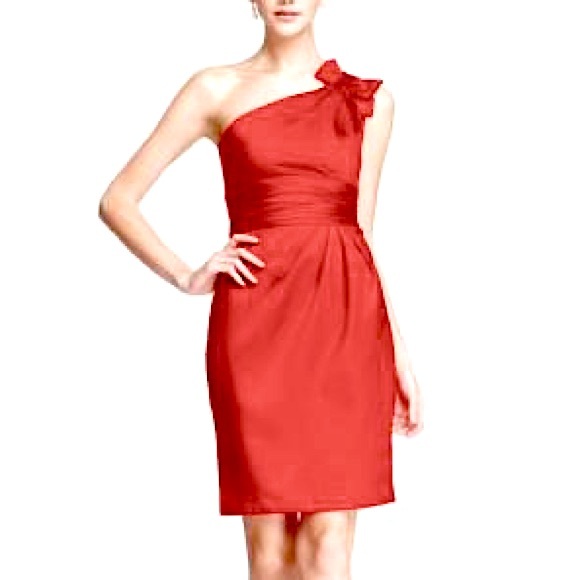David's Bridal Red Bow Cocktail One-Shoulder Dress Bridesmaid Wedding Party - Picture 14 of 14